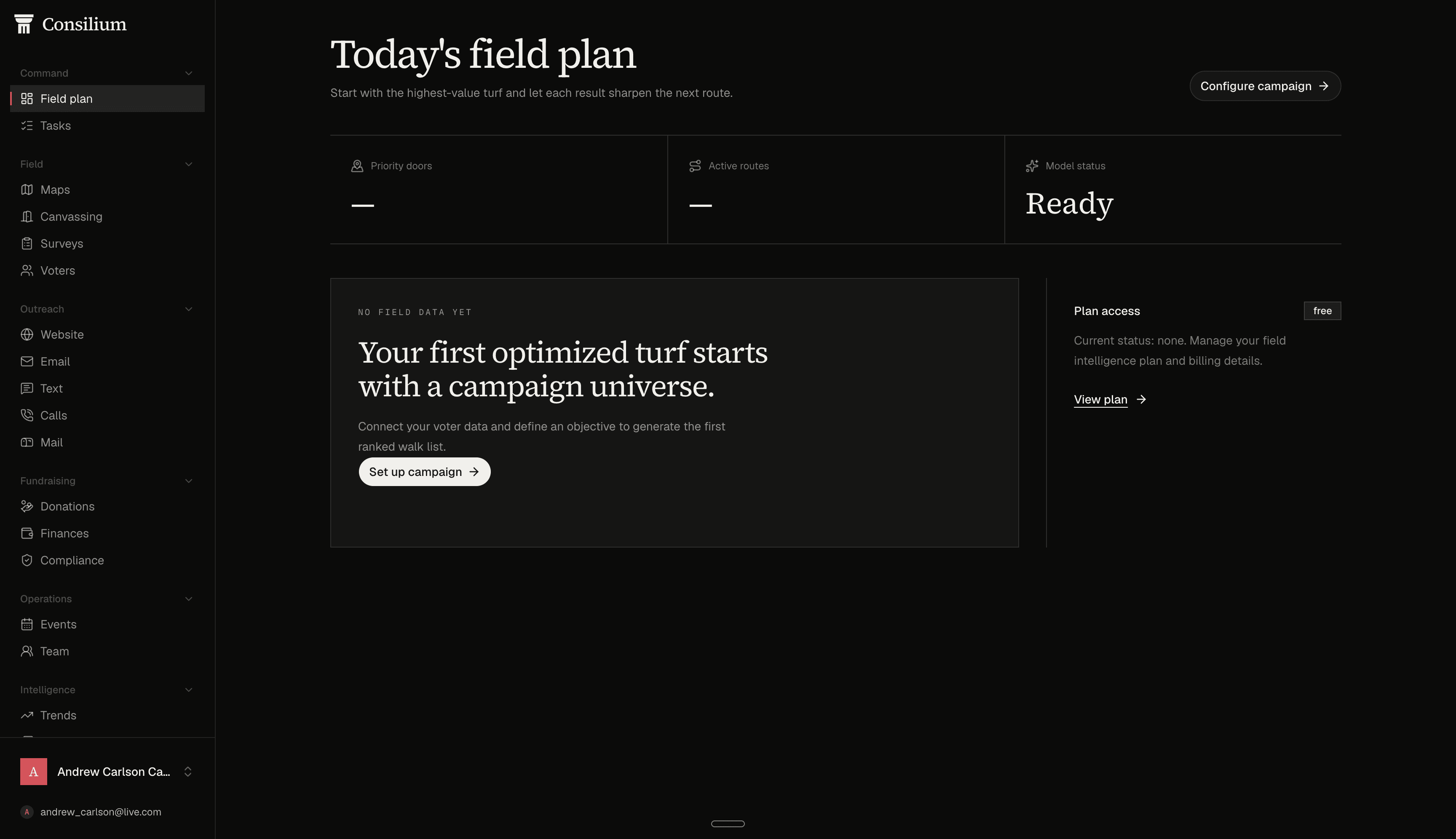 Consilium field plan dashboard with campaign setup, priority doors, and active routes